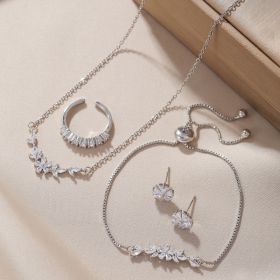Simple Elegant Zircon Inlaid Jewelry Set Silver Flower Necklace Exquisite Earrings Bracelet Ring Suitable For Women's Daily Holiday Wear (Option: Silvery)